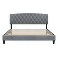 King Size Adjustable Headboard With Fine Linen Upholstery And Button Tufting For Bedroom, Wave Top Light Grey Light Grey Wood