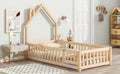 Twin House Shaped Headboard Floor Bed With Fence,Natural Twin Natural Wood Bedroom American Design Pine Bed Frame Pine