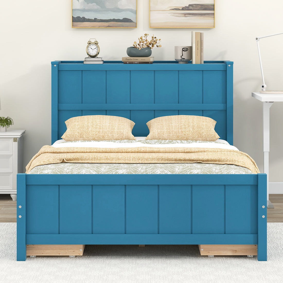 Full Size Platform Bed With Drawers And Storage Shelves, Blue Blue Solid Wood Mdf