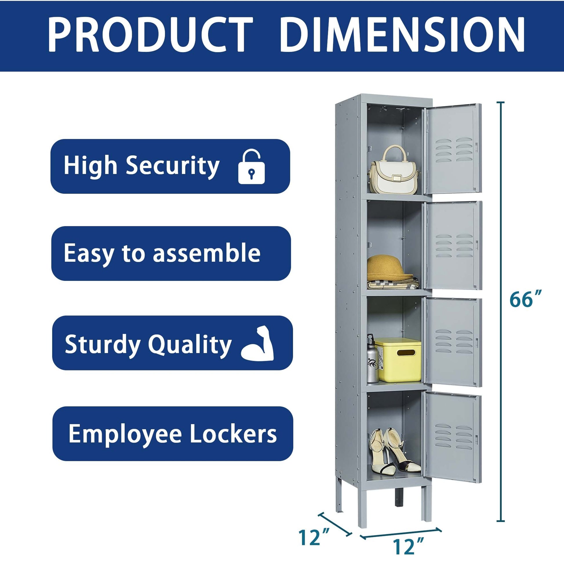 4 Door 66"H Metal Lockers With Lock For Employees,Storage Locker Cabinet For Home Gym Office School Garage,Gray Freestanding 3 4 Spaces Gray Gym Door Locks Modern Metal Metal