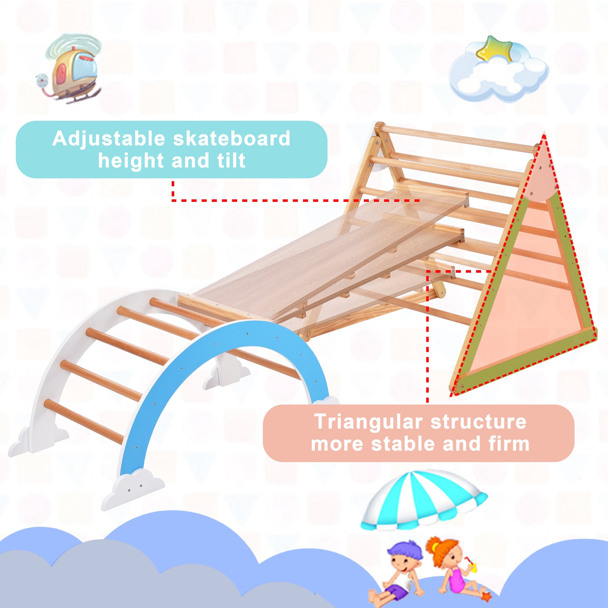 Wooden Climbing Triangle Toys Indoor Arc Climber Jungle With Ramp And Arch Toy Rocker, Reversible Multifunction Playset Natural Wood Playground Natural Wood Wood