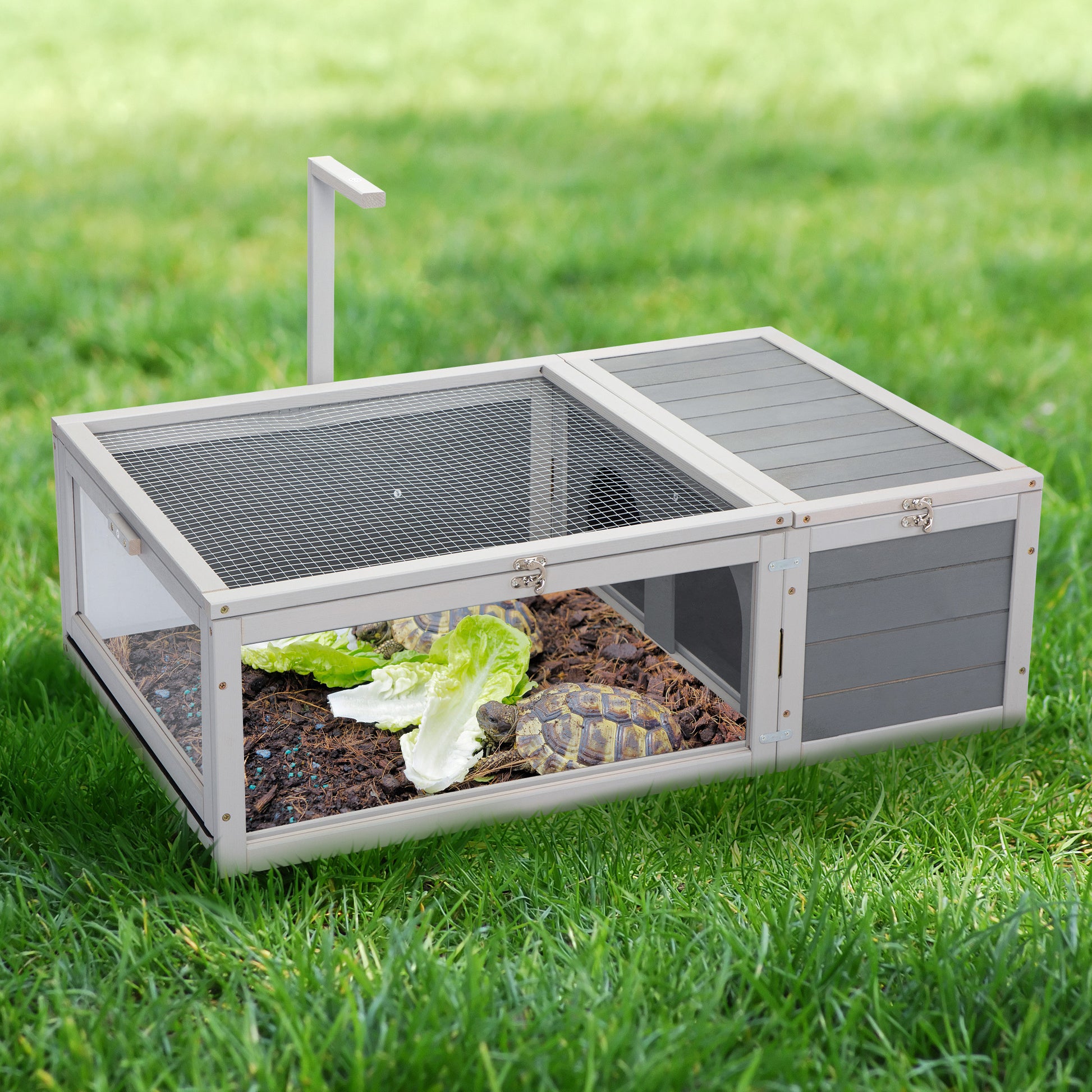 Tortoise House Wooden Turtle Habitat With Removable Top And Tray For Indoors And Outdoors, Gray Gray Wood Metal