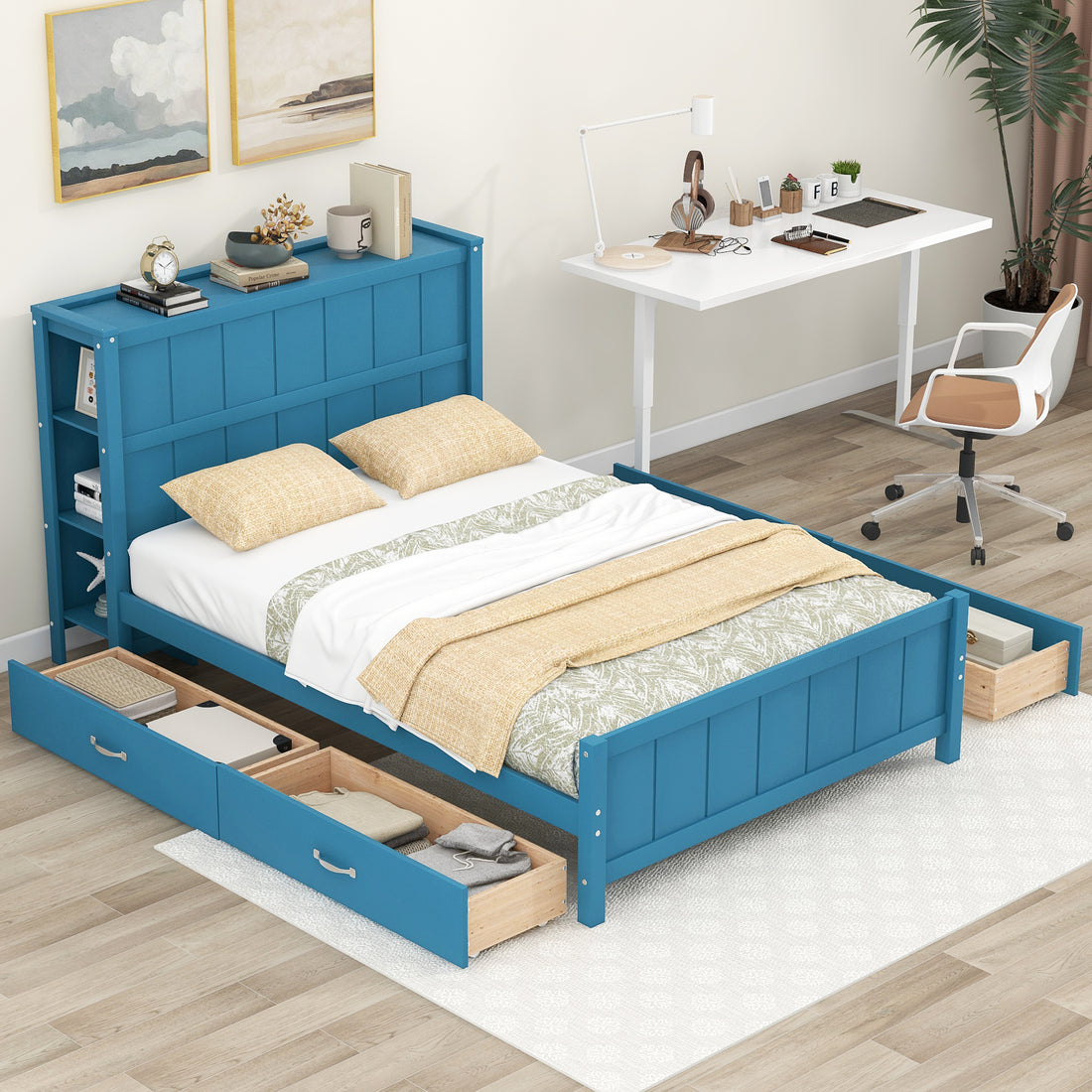 Full Size Platform Bed With Drawers And Storage Shelves, Blue Blue Solid Wood Mdf