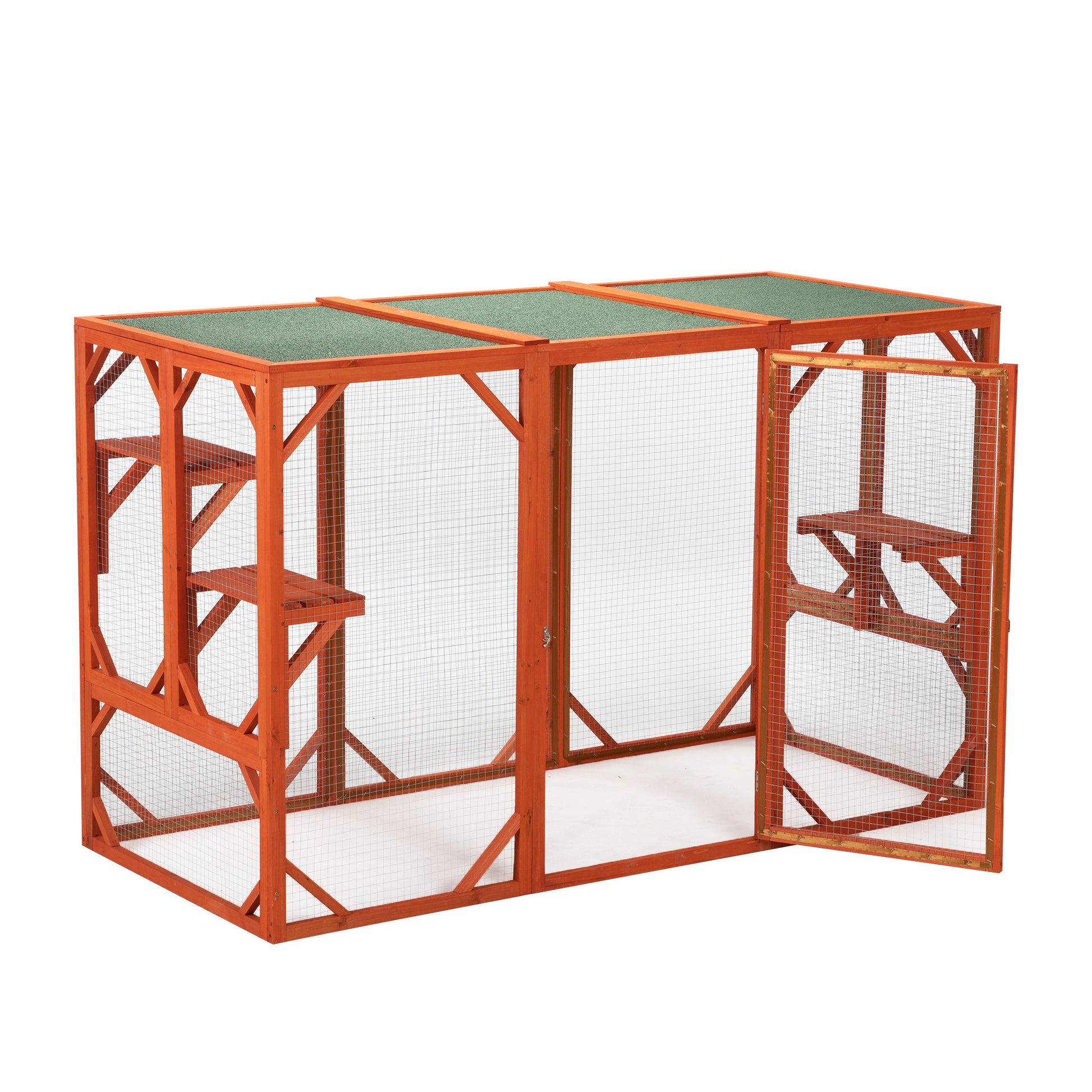 Wooden Cat House, Outdoor Cat Cage With Water Proof Asphalt Planks And Cat Perches, Orange Orange Wood Metal