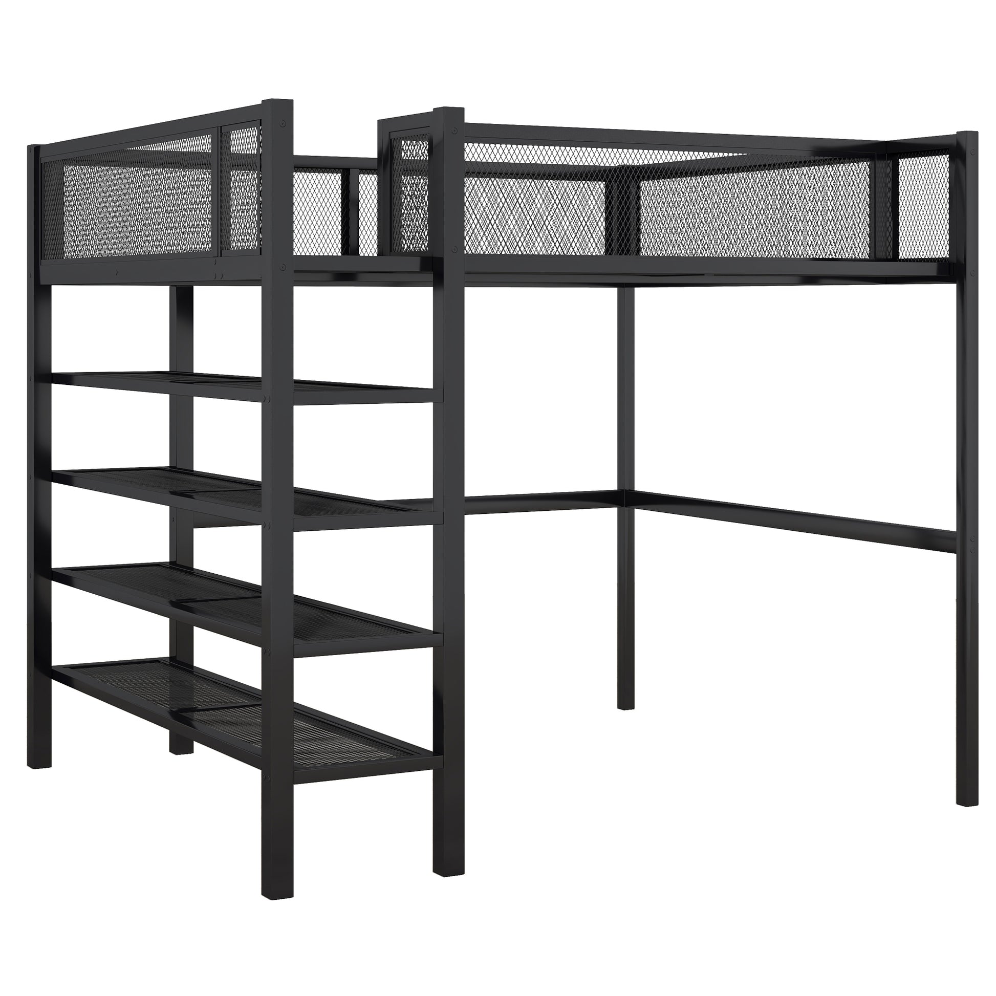 Full Size Metal Loft Bed With 4 Tier Shelves And Storage, Black Full Black Metal