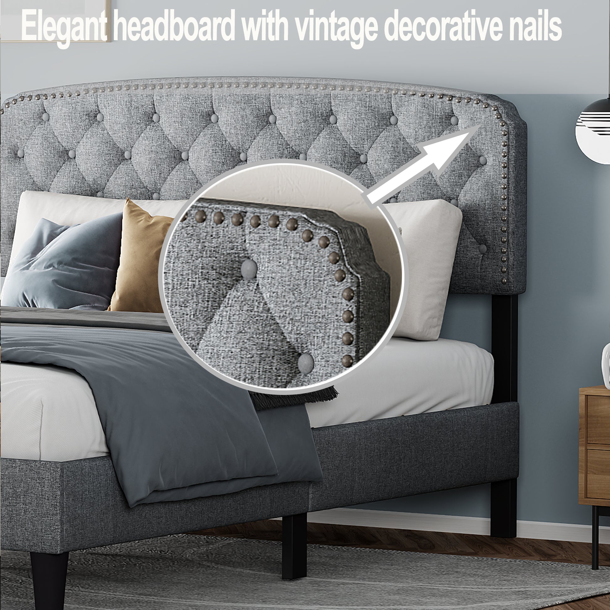 Queen Size Adjustable Headboard With Fine Linen Upholstery And Button Tufting For Bedroom, Wave Top Light Grey Light Grey Wood