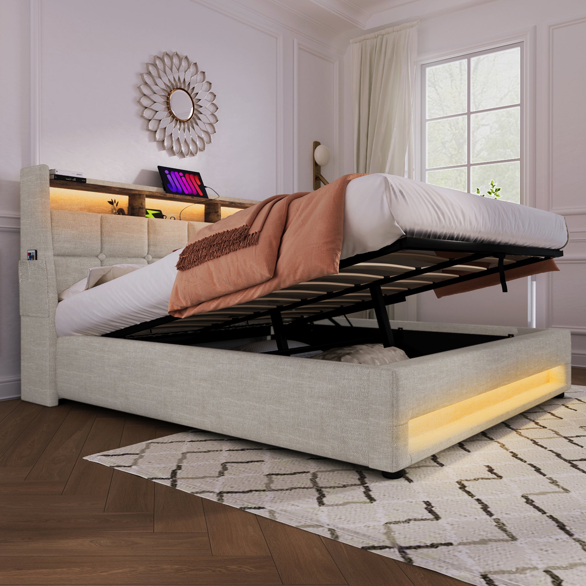 Full Size Upholstered Platform Bed With A Hydraulic Storage System, Led And Usb Charging, Natural Without Mattress Full Natural Metal & Wood