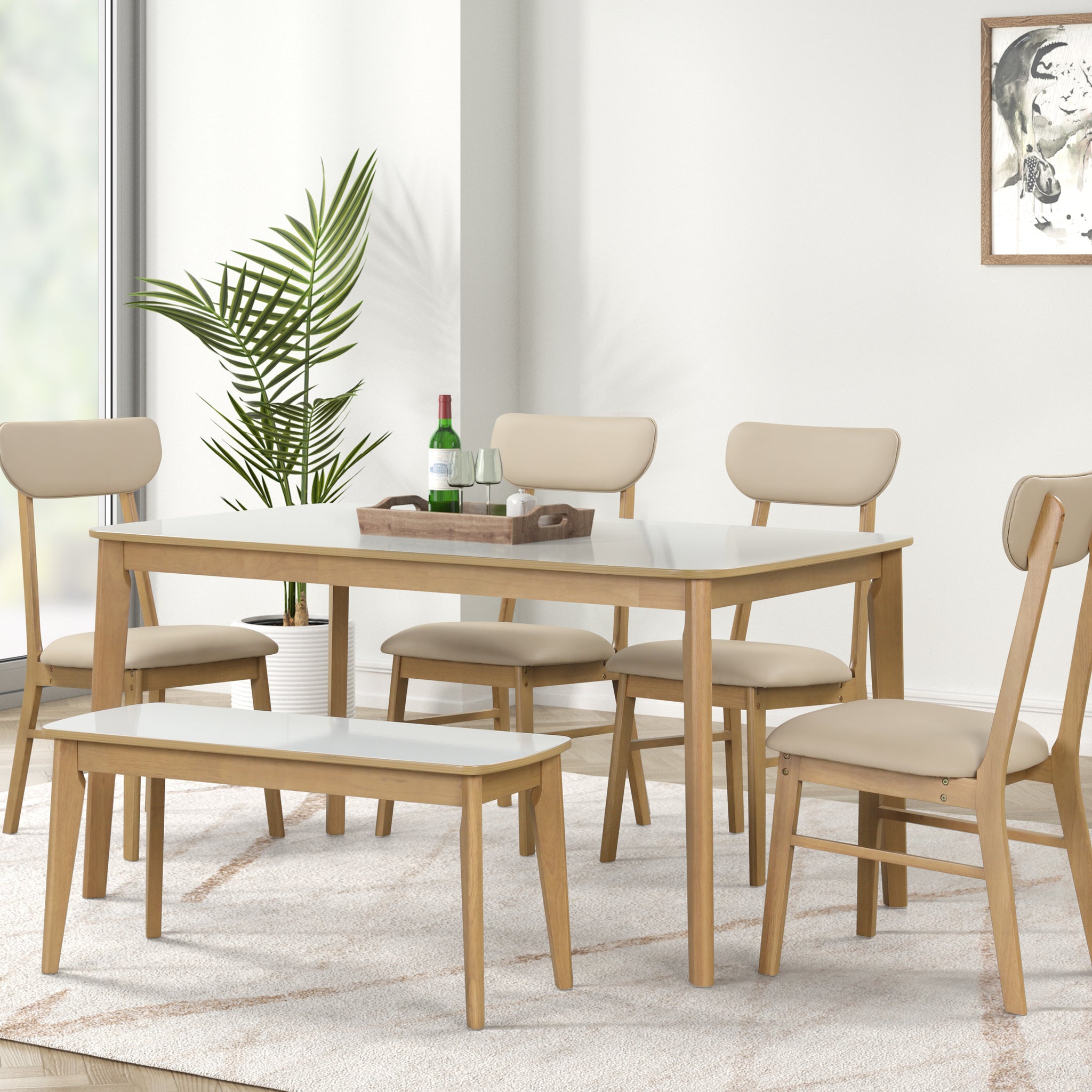 6 Piece Dining Table Set, One Table One Bench And Four Chairs, High Gloss White Tabletop With Light Oak Color Creamy White,White Light Oak Seats 6 Dining Room 60 Inches Rubberwood 4 Leg Rectangular Dining Table With Chair And Bench Mdf,Pu,Pvc,Rubber Wood