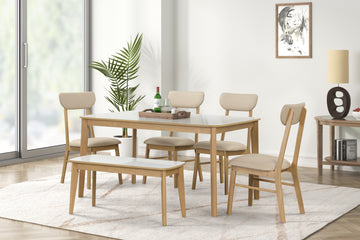 6 Piece Dining Table Set, One Table One Bench And Four Chairs, High Gloss White Tabletop With Light Oak Color Creamy White,White Light Oak Seats 6 Dining Room 60 Inches Rubberwood 4 Leg Rectangular Dining Table With Chair And Bench Mdf,Pu,Pvc,Rubber Wood