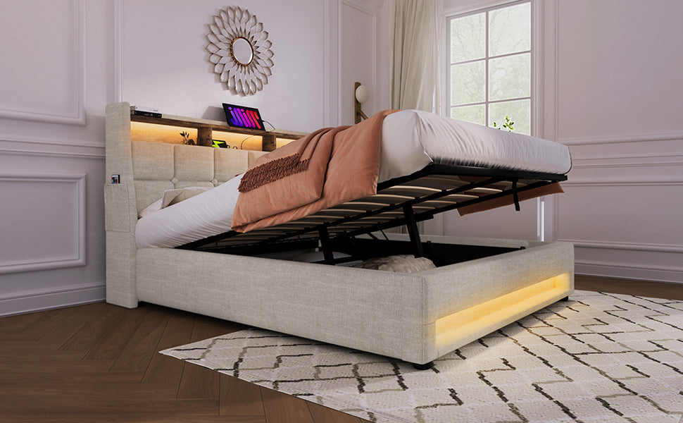 Queen Size Upholstered Platform Bed With A Hydraulic Storage System, Led And Usb Charging, Natural Without Mattress Queen Natural Metal & Wood