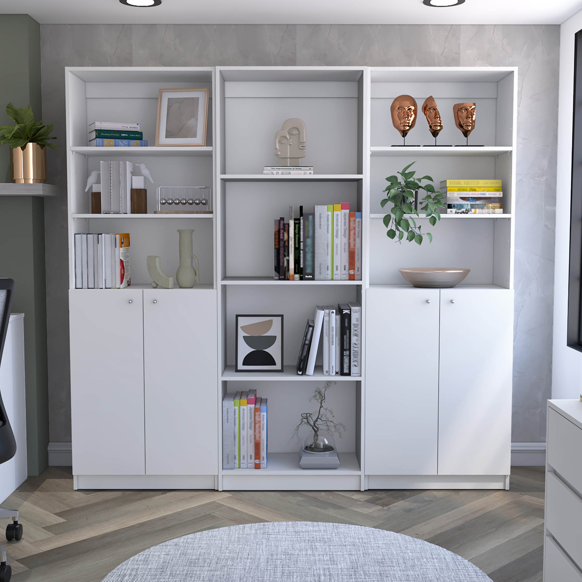 Emery 3 Piece Living Room Set With 3 Bookcases, White White Particle Board Engineered Wood