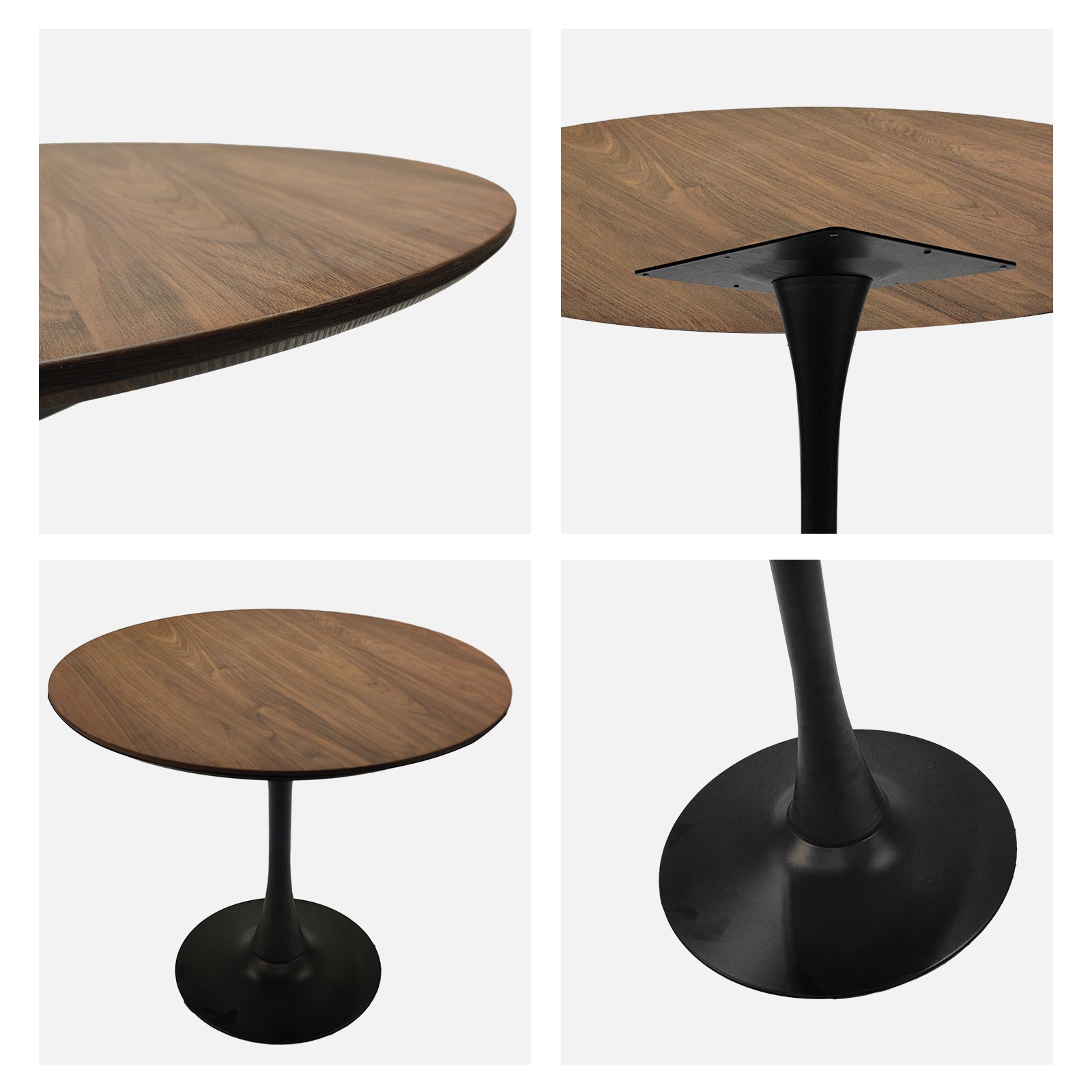 Walnut Color Round Dining Table, 31.5" Tulip Table Kitchen Dining Table 2 4 People With Mdf Table Top And Black Metal Pedestal Base And Brown Dining Chair 4 Piece Set For Black Metal Legs Walnut Brown Seats 4 Mdf