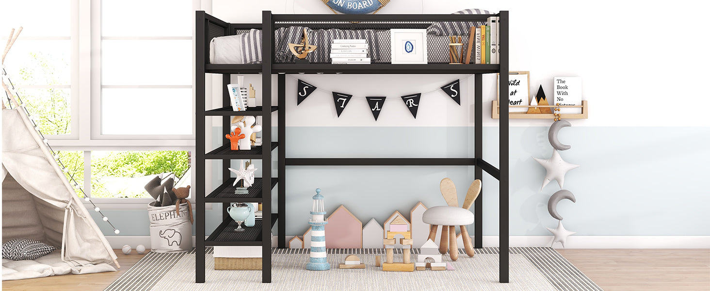 Full Size Metal Loft Bed With 4 Tier Shelves And Storage, Black Full Black Metal