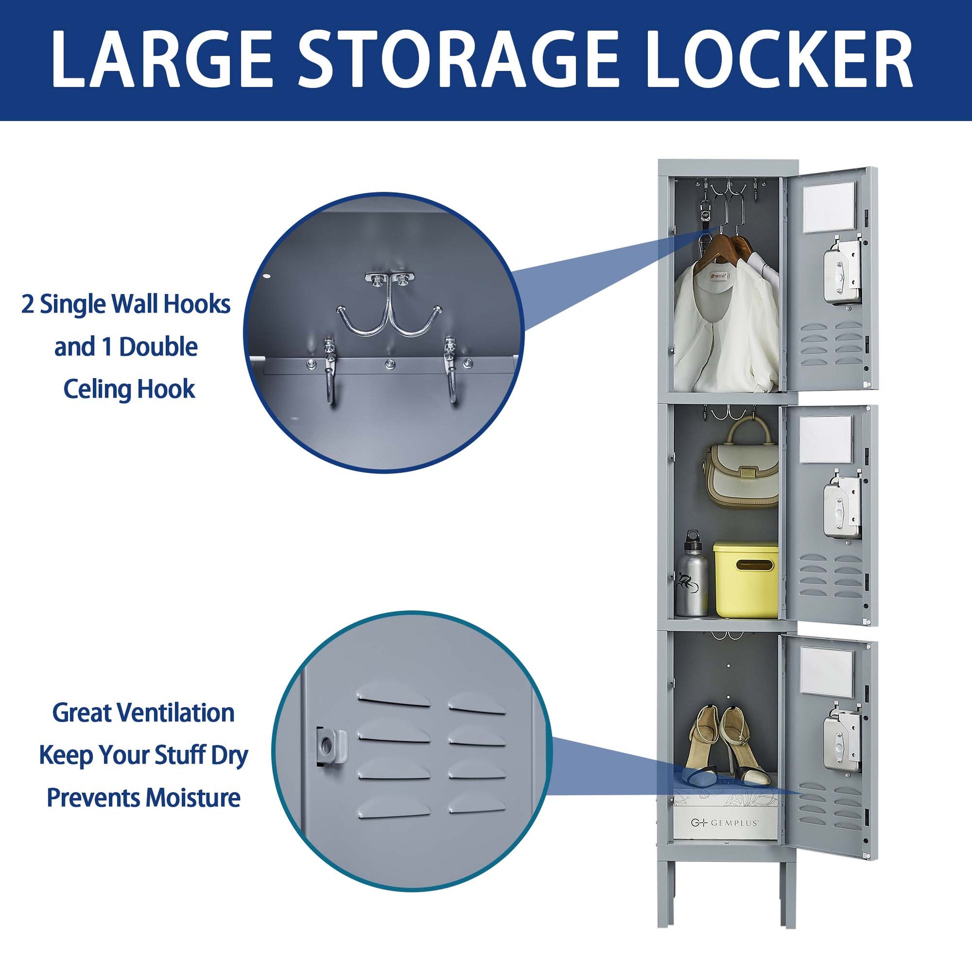 3 Door 66"H Metal Lockers With Lock For Employees,Storage Locker Cabinet For Home Gym Office School Garage,Gray Freestanding 3 4 Spaces Gray Gym Door Locks Modern Metal Metal