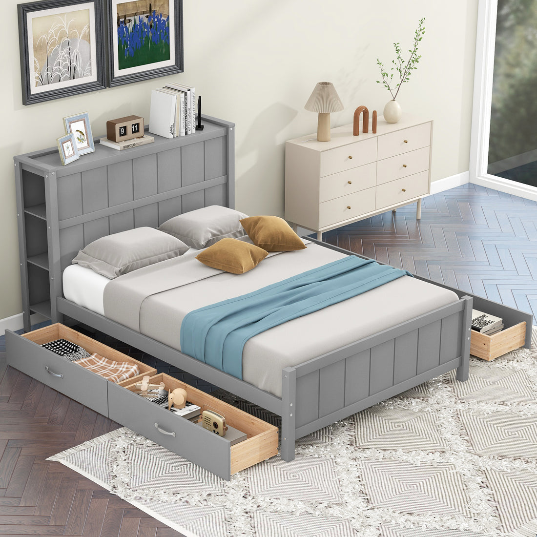 Full Size Platform Bed With Drawers And Storage Shelves, Gray Gray Solid Wood Mdf