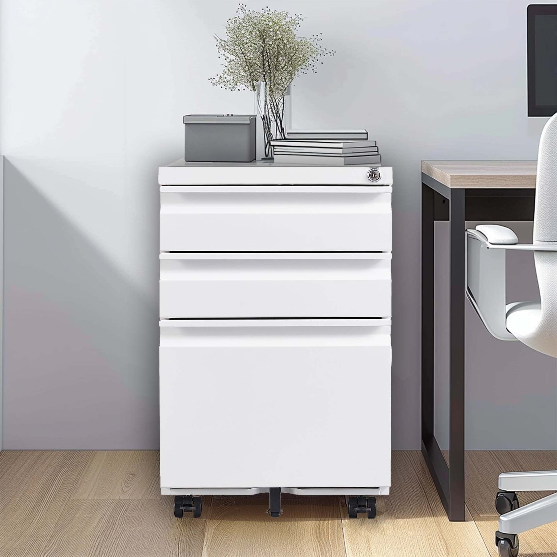 3 Drawer Mobile File Cabinet With Lock,Metal Filing Cabinets For Home Office Organizer Letters Legal A4,Fully Assembled,White Filing Cabinets 3 4 Drawers White Office Drawers Included Modern Metal Metal