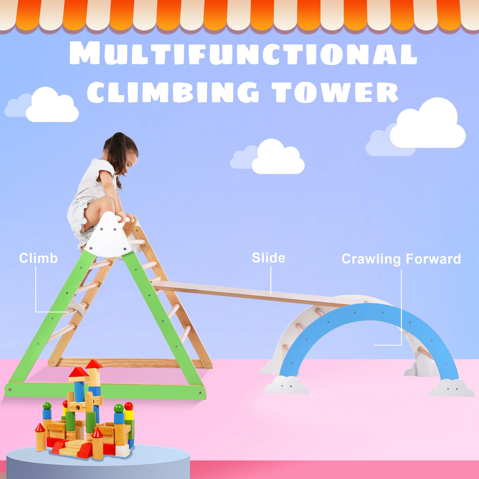 Wooden Climbing Triangle Toys Indoor Arc Climber Jungle With Ramp And Arch Toy Rocker, Reversible Multifunction Playset Natural Wood Playground Natural Wood Wood