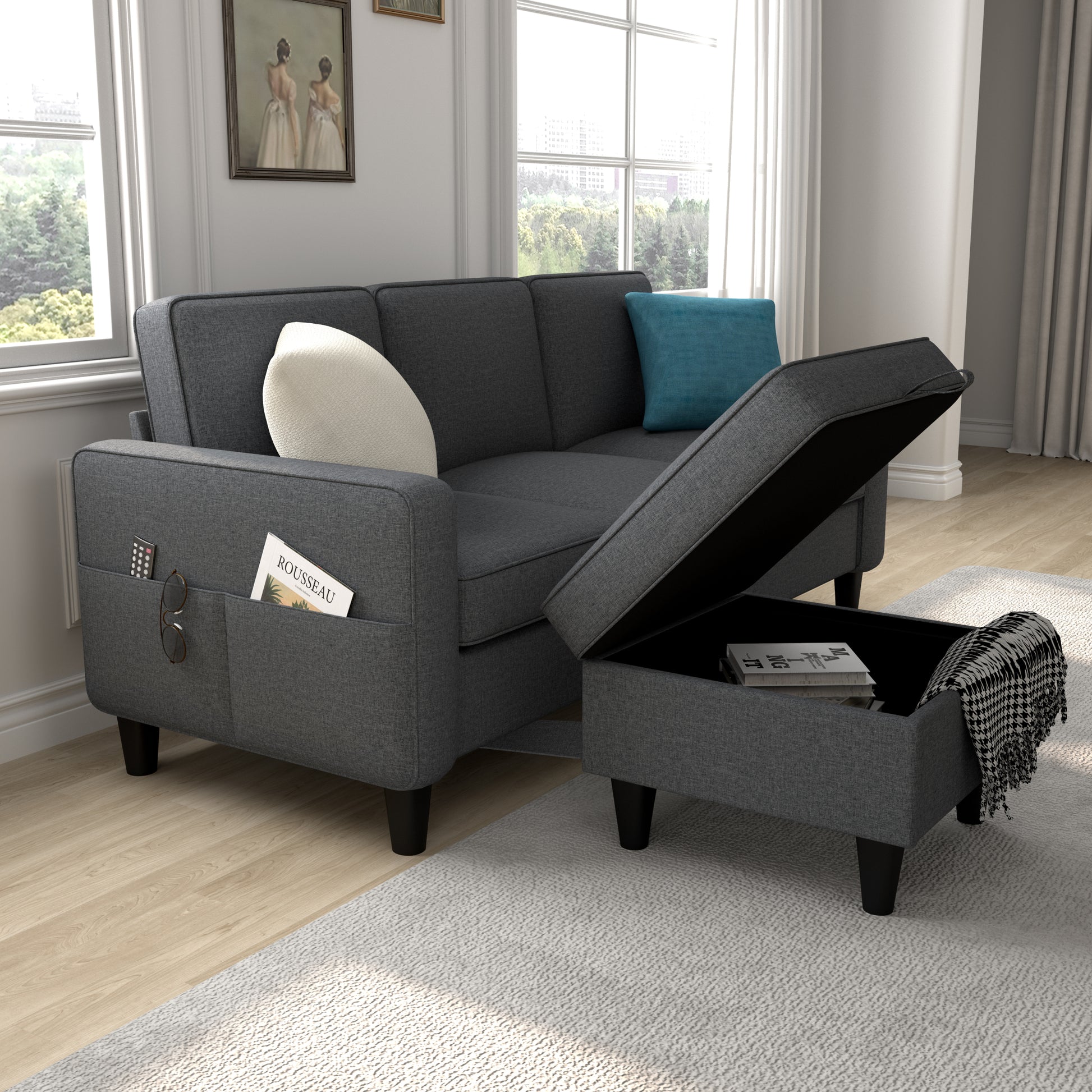 Sofas For Families, Apartments, Dorms, Bonus Rooms, Compact Spaces With Lounge Lounges, 3 Seater, L Shaped Design For The Chaise, 680 Lbs Capacity Dark Grey Dark Gray Metal & Wood