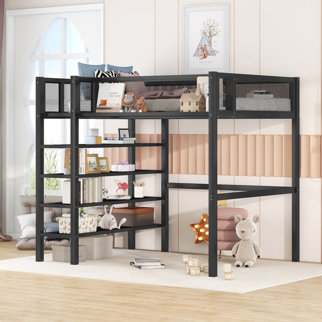 Twin Size Metal Loft Bed With 4 Tier Shelves And Storage, Black Black Metal