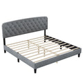 King Size Adjustable Headboard With Fine Linen Upholstery And Button Tufting For Bedroom, Wave Top Light Grey Light Grey Wood