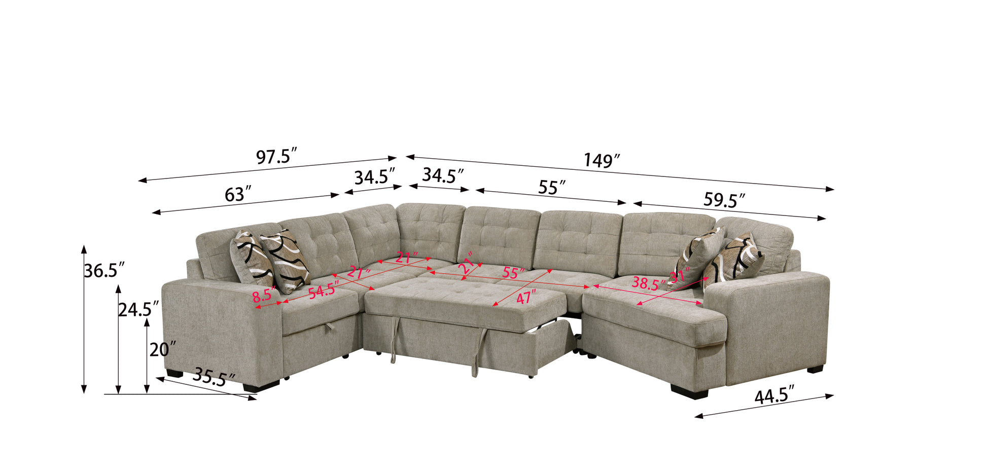 149" Oversized Sectional Modern Large Upholstered U Shape Sectional Sofa, Extra Wide Chaise Lounge Couch For Home, Bedroom, Apartment, Dorm, Office, Light Gray Light Gray Wood Primary Living Space Modern Square Arms Foam Upholstered