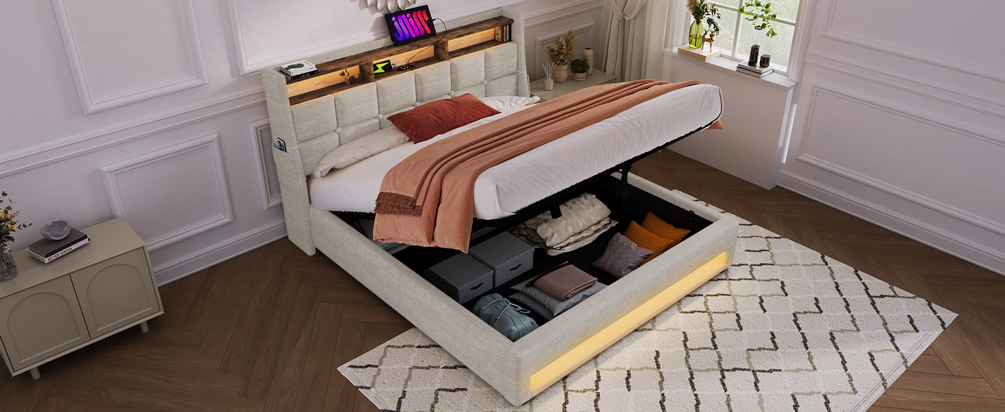 Full Size Upholstered Platform Bed With A Hydraulic Storage System, Led And Usb Charging, Natural Without Mattress Full Natural Metal & Wood