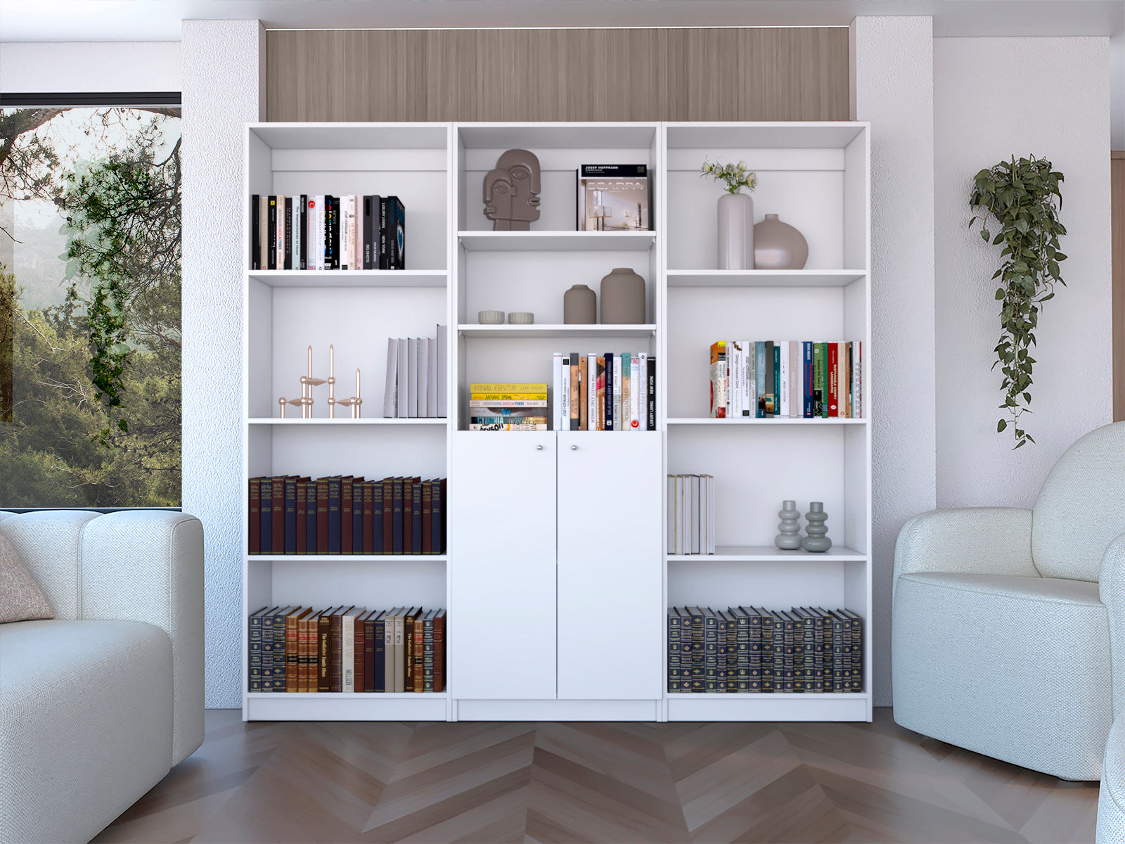 Oasis 3 Piece Living Room Set With 3 Bookcases, White White Particle Board Engineered Wood