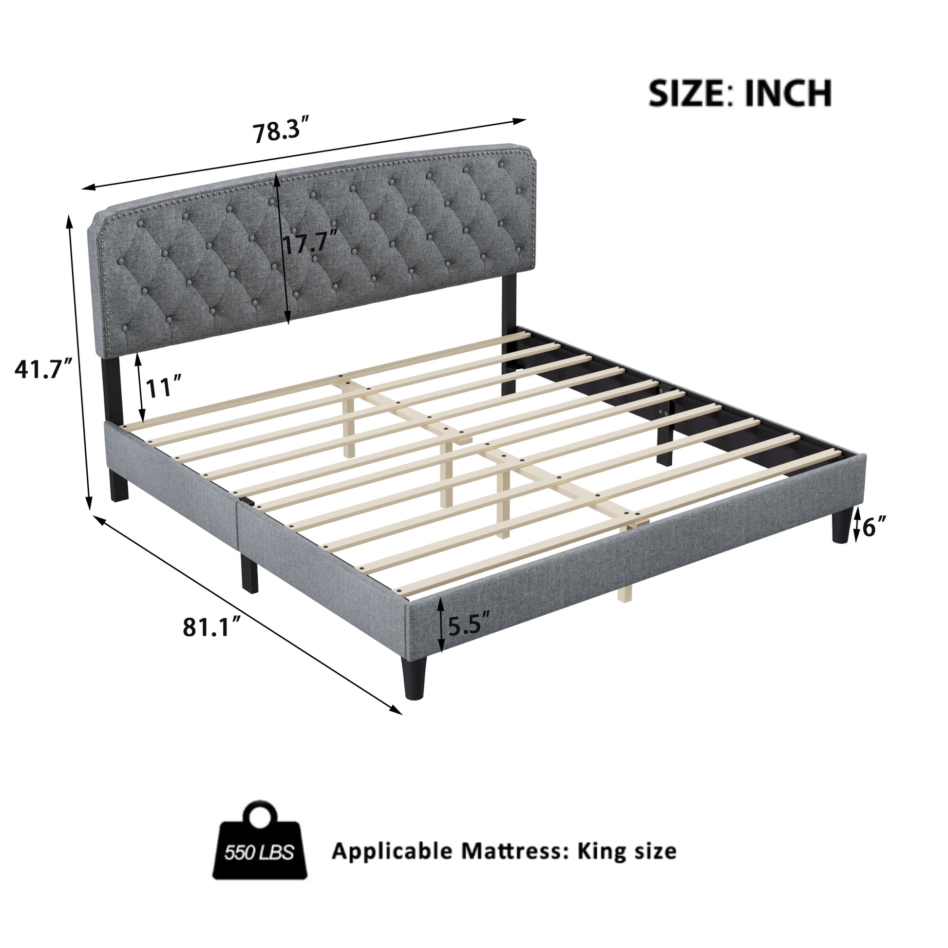 King Size Adjustable Headboard With Fine Linen Upholstery And Button Tufting For Bedroom, Wave Top Light Grey Light Grey Wood