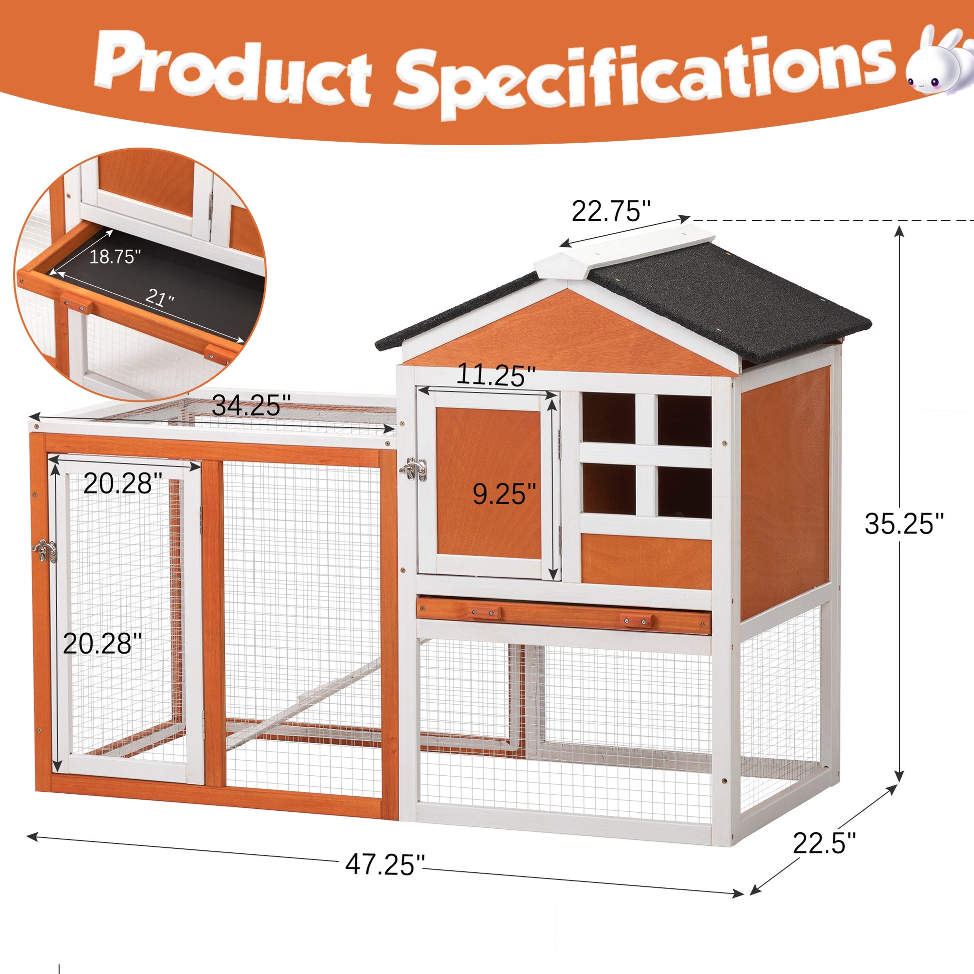 2 Story Wooden Rabbit Hutch Bunny Cage, Chicken Coop, Pet House For Small Animals, Orange White Orange Wood Metal