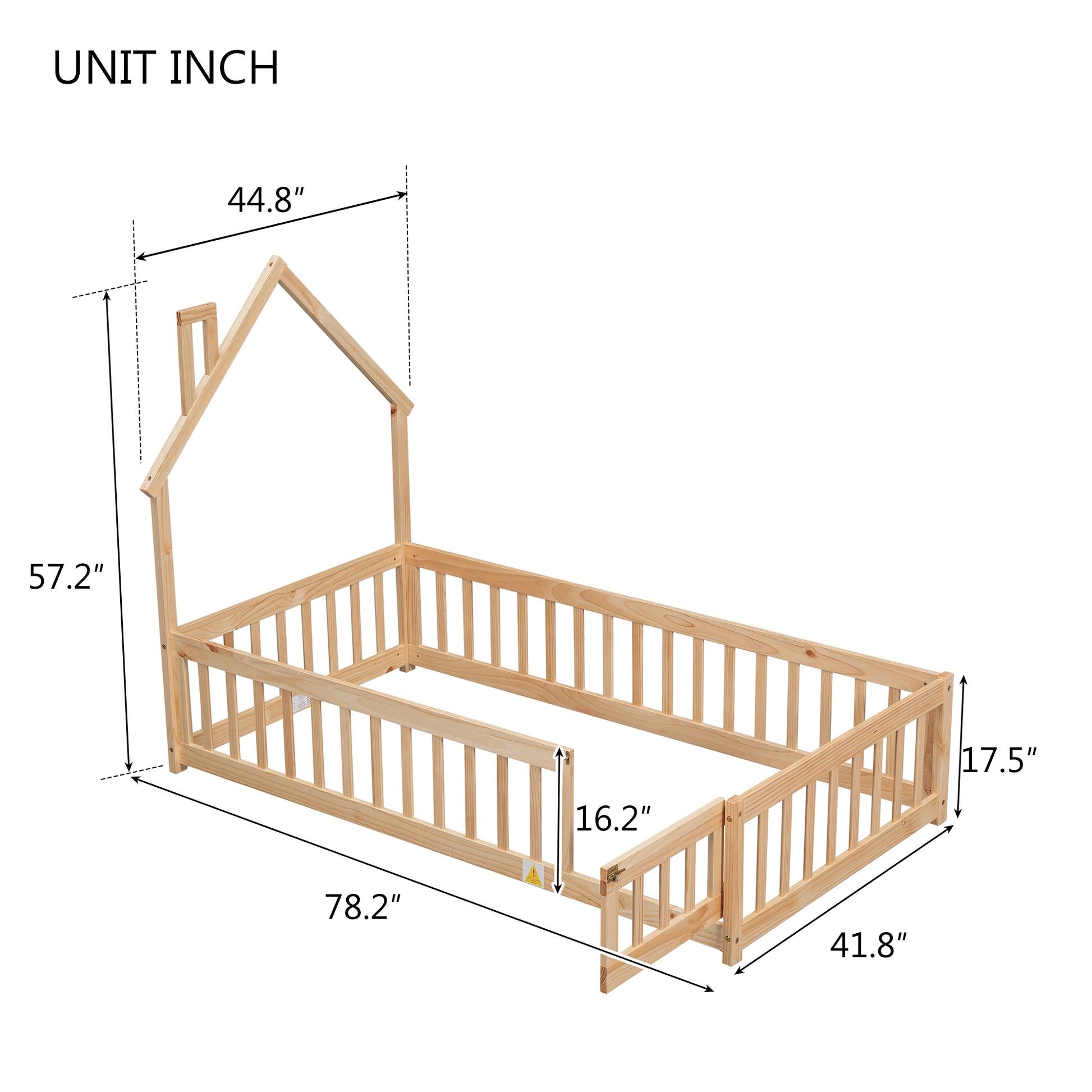 Twin House Shaped Headboard Floor Bed With Fence,Natural Twin Natural Wood Bedroom American Design Pine Bed Frame Pine