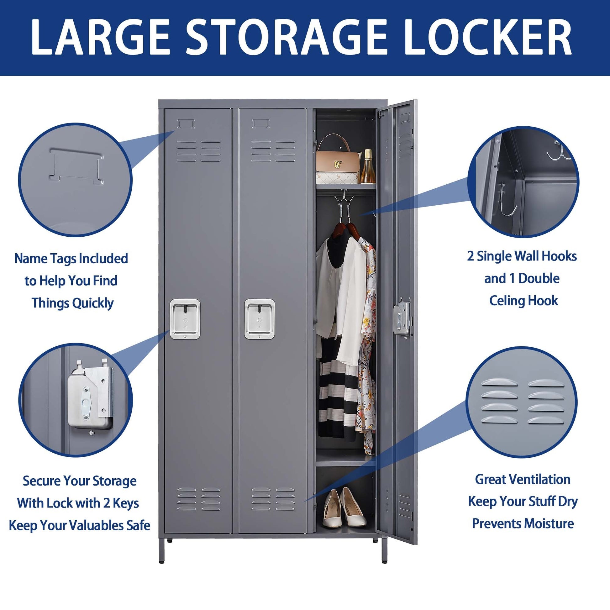 3 Door 72"H Metal Lockers With Lock For Employees,Storage Locker Cabinet For Home Gym Office School Garage,Gray Freestanding 5 Or More Spaces Gray Gym Door Locks Modern Metal Metal