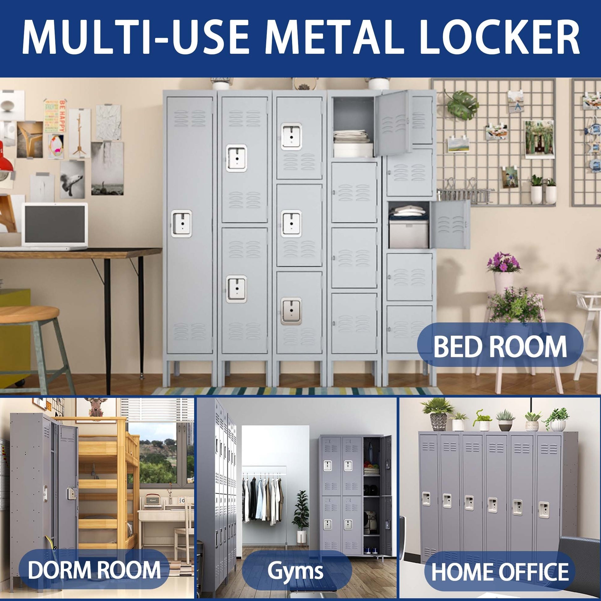 4 Door 66"H Metal Lockers With Lock For Employees,Storage Locker Cabinet For Home Gym Office School Garage,Gray Freestanding 3 4 Spaces Gray Gym Door Locks Modern Metal Metal