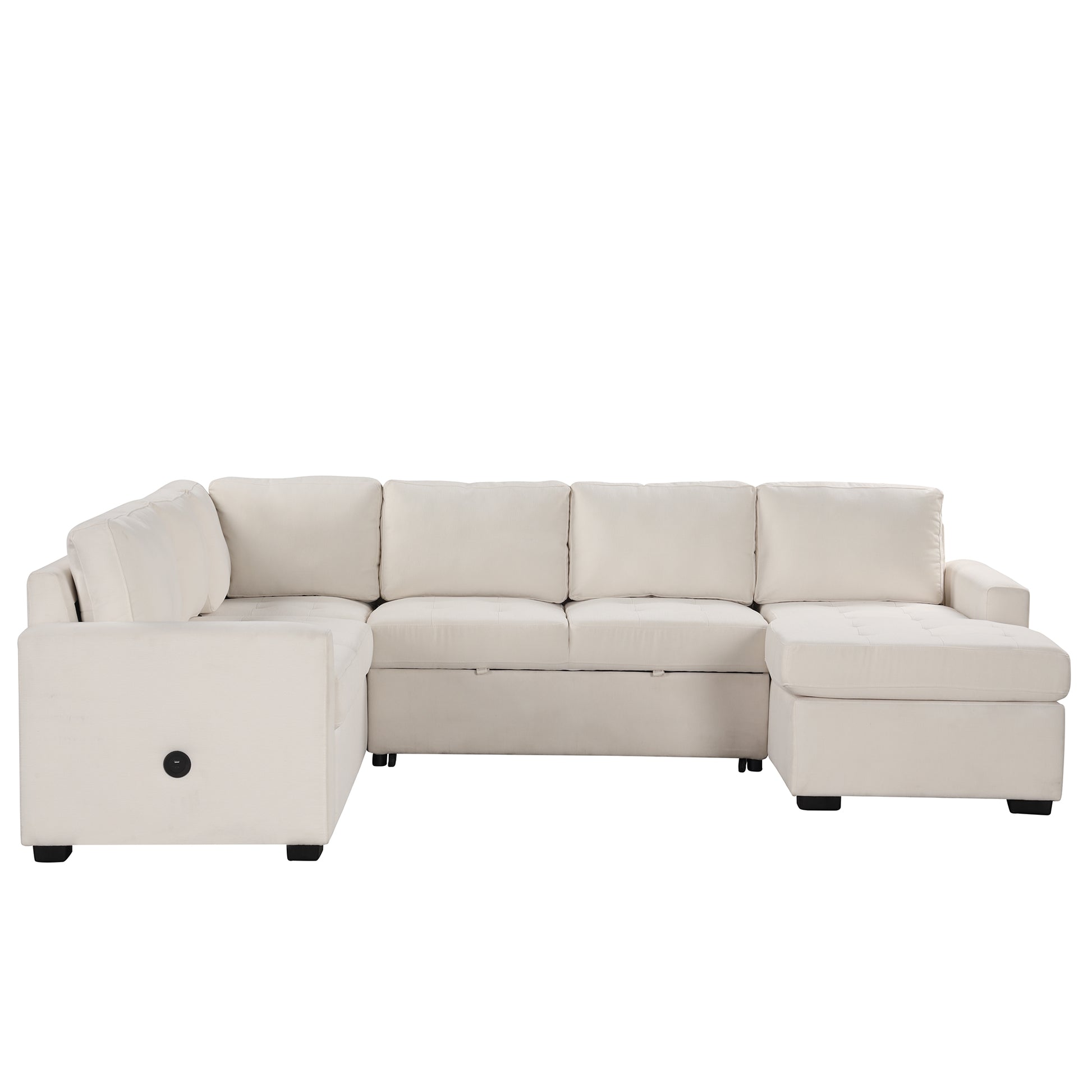 Sectional Sleeper Sofa With Pull Out Bed And Lounge Chair, Usb And Type C Interfaces, Suitable For Living Room, Office, And Spacious Spaces Beige Polyester