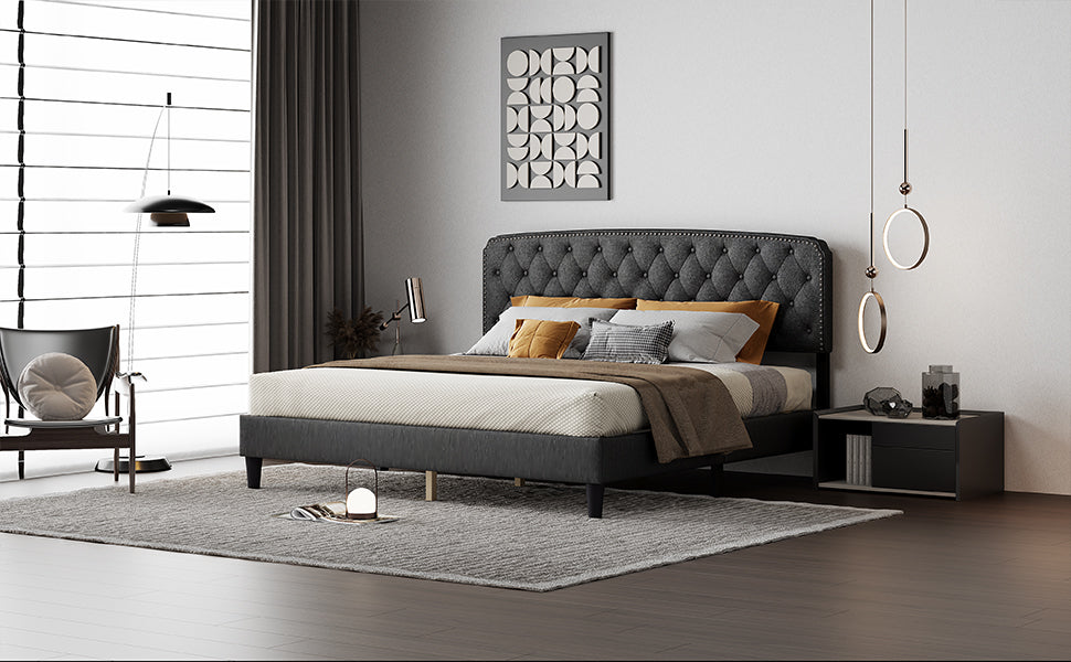 King Size Adjustable Headboard With Fine Linen Upholstery And Button Tufting For Bedroom, Wave Top Dark Grey Dark Grey Wood