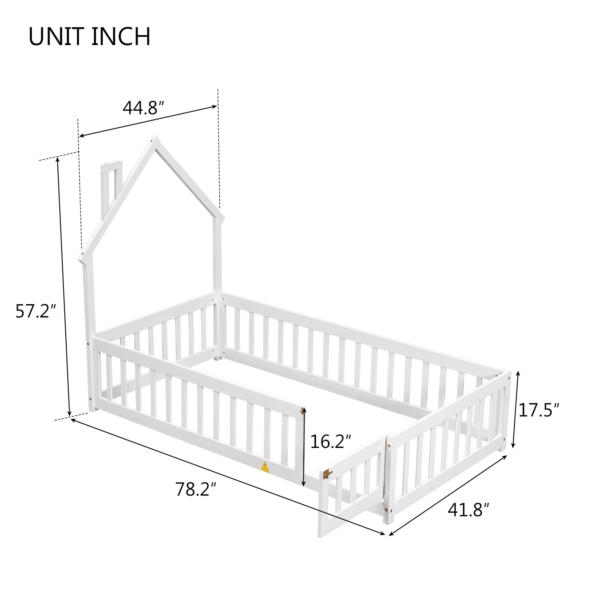 Twin House Shaped Headboard Floor Bed With Fence,White Twin White Wood Bedroom American Design Pine Bed Frame Pine