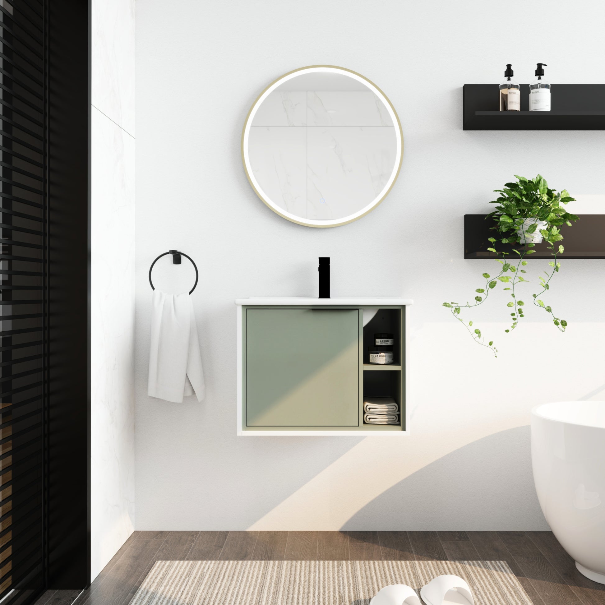 24'' Floating Wall Mounted Bathroom Vanity With Ceramics Sink & Soft Close Cabinet Door Green 1 2 Soft Close Doors Bathroom Wall Mounted Modern Plywood