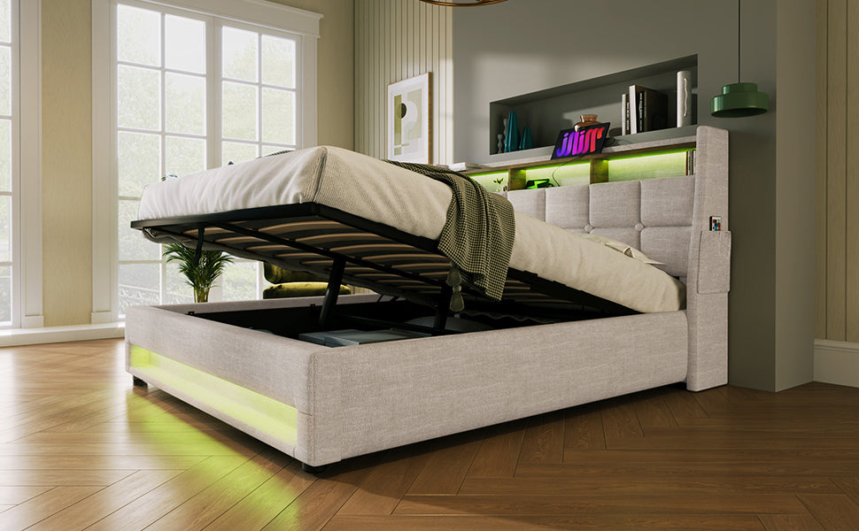 Queen Size Upholstered Platform Bed With A Hydraulic Storage System, Led And Usb Charging, Natural Without Mattress Queen Natural Metal & Wood