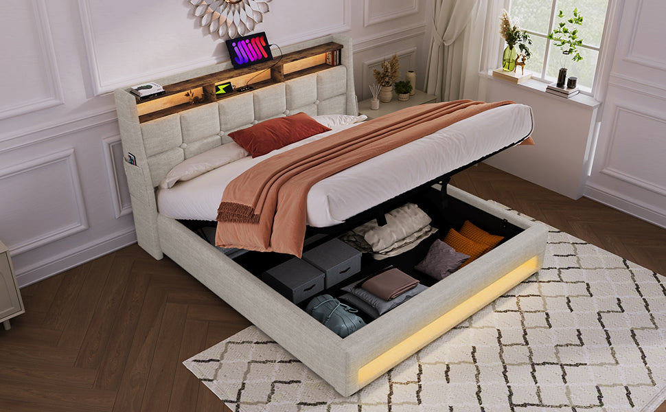 Queen Size Upholstered Platform Bed With A Hydraulic Storage System, Led And Usb Charging, Natural Without Mattress Queen Natural Metal & Wood