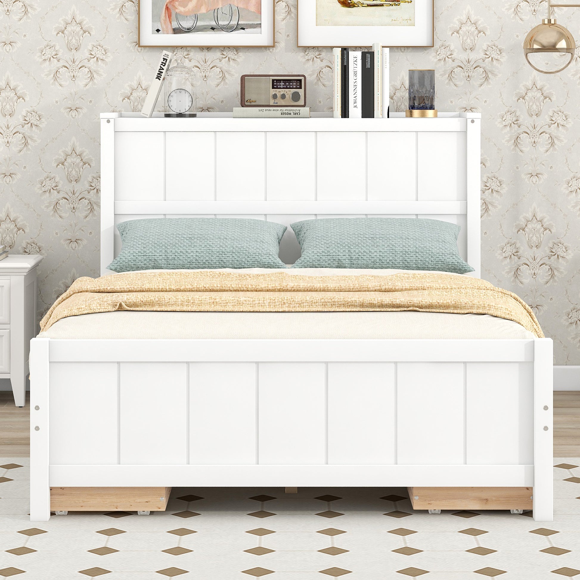 Full Size Platform Bed With Drawers And Storage Shelves, White White Solid Wood Mdf