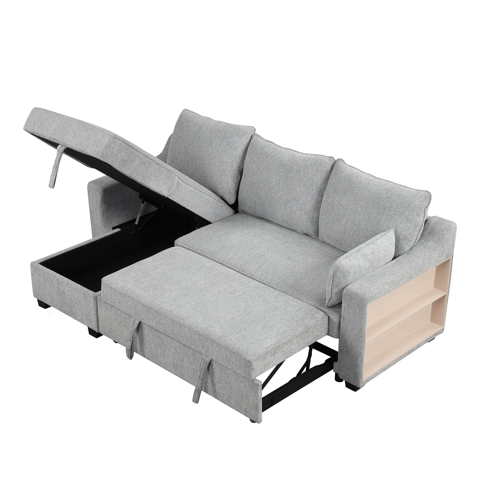 90" Pull Out Sleeper Sofa L Shaped Couch Convertible Sofa Bed With Storage Chaise, Storage Racks And Usb Ports, Light Grey Light Grey Foam Polyester 3 Seat