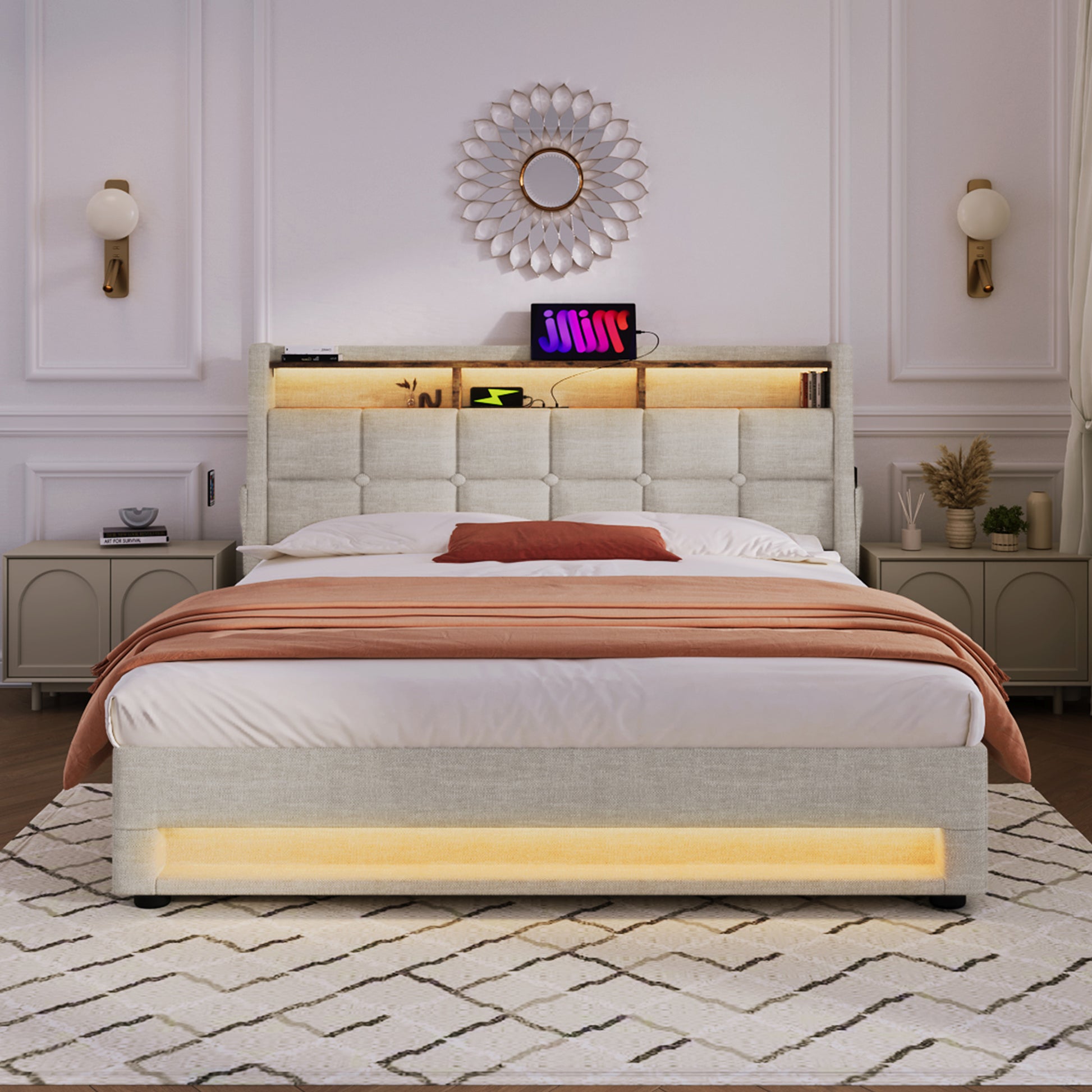 Queen Size Upholstered Platform Bed With A Hydraulic Storage System, Led And Usb Charging, Natural Without Mattress Queen Natural Metal & Wood