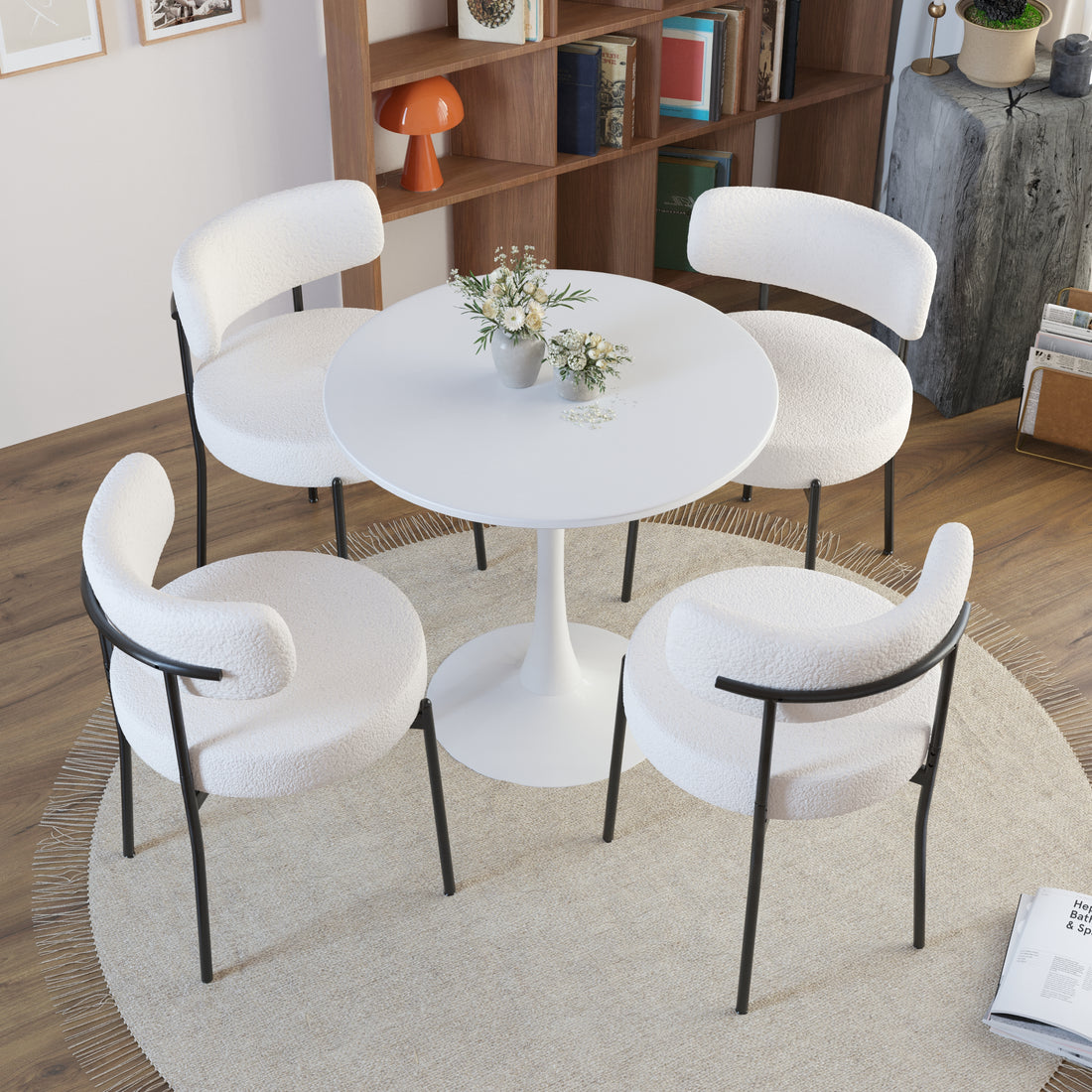 White Dining Chairs Set Of 4, Mid Century Modern Dining Chairs, Kitchen Dining Room Chairs, Curved Backrest Round Upholstered Boucle Dining Chair With Black Metal Legs Metal White Teddy Kitchen Dining Chairs Foam Velvet
