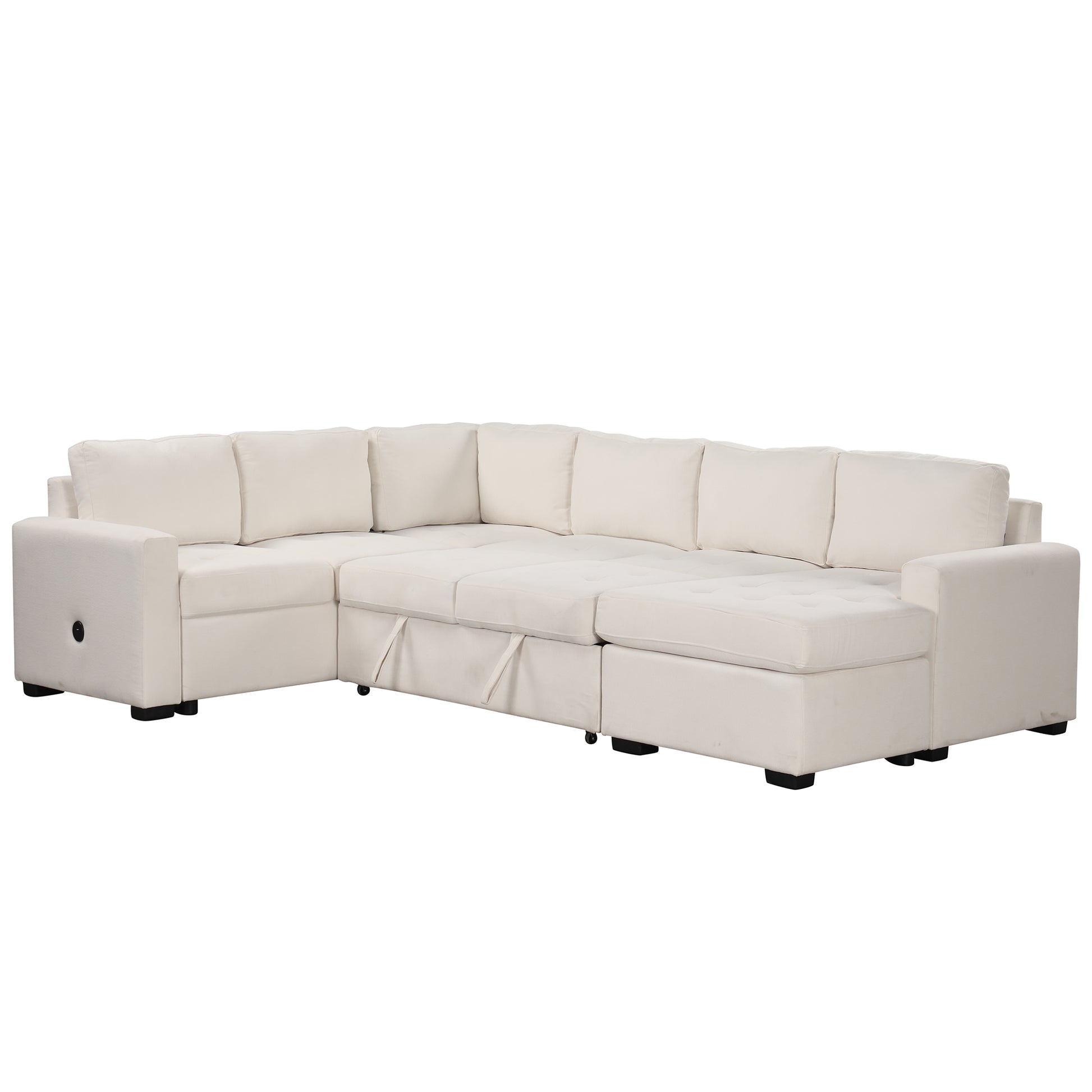 Sectional Sleeper Sofa With Pull Out Bed And Lounge Chair, Usb And Type C Interfaces, Suitable For Living Room, Office, And Spacious Spaces Beige Polyester