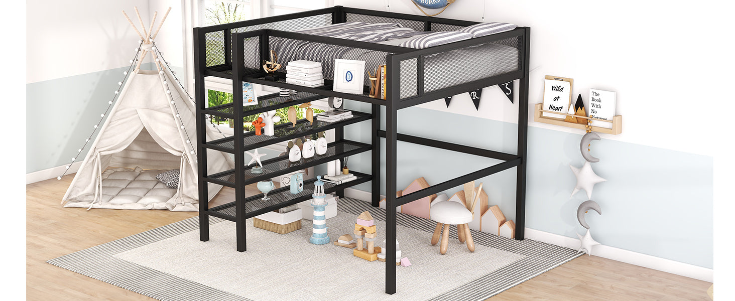 Full Size Metal Loft Bed With 4 Tier Shelves And Storage, Black Full Black Metal