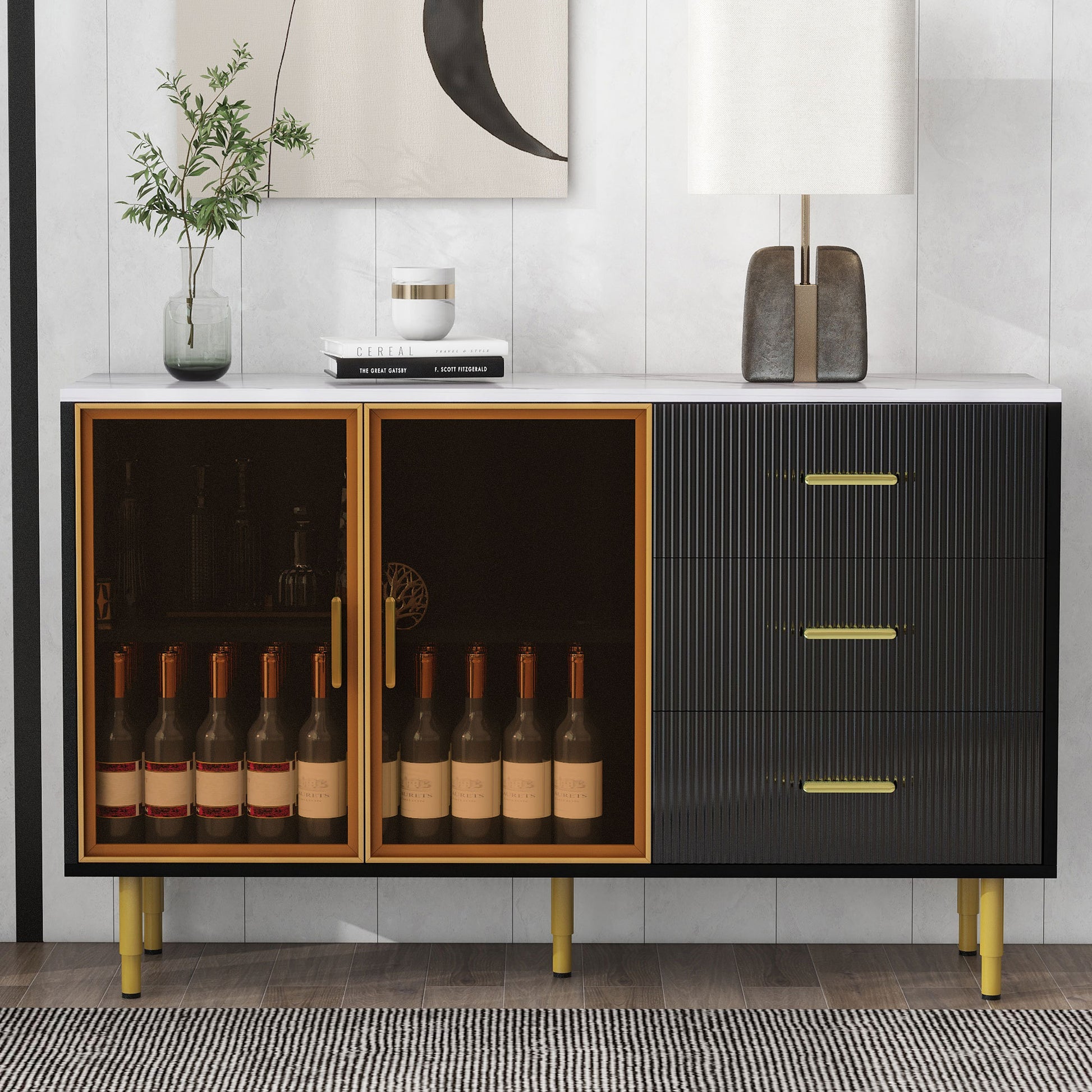 Modern Sideboard Mdf Buffet Cabinet Marble Sticker Tabletop And Amber Yellow Tempered Glass Doors With Gold Metal Legs & Handles Black Black Mdf Glass