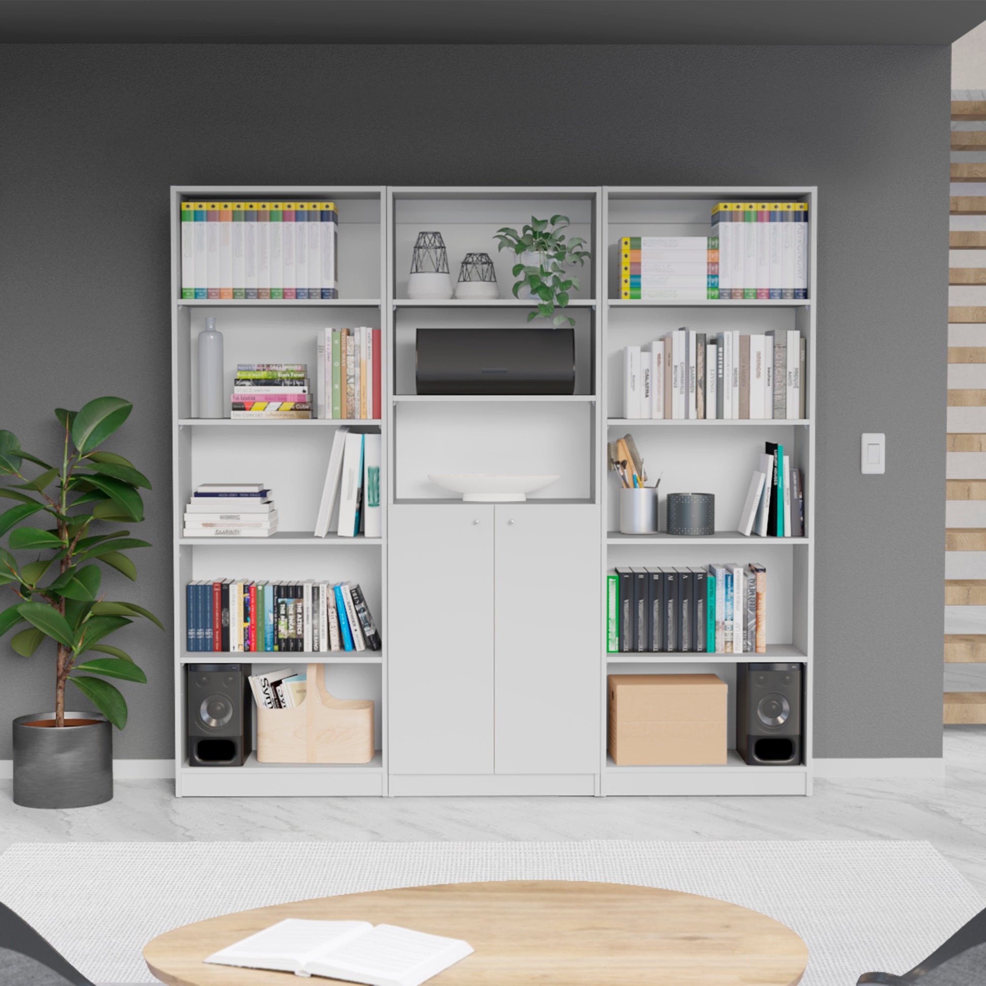 Penrose 3 Piece Living Room Set With 3 Bookcases, White White Particle Board Engineered Wood