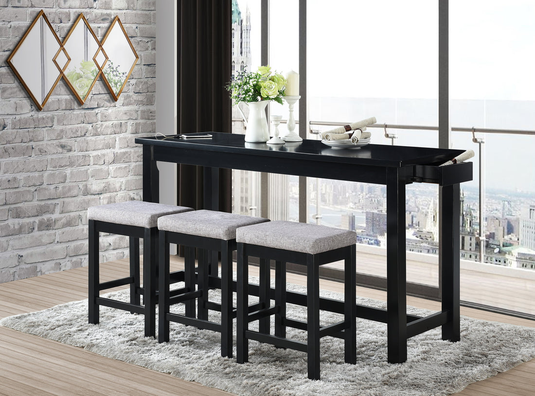 4Pc Counter Height Dining Set Black Finish Counter Height Table W Drawer Built In Usb Ports Power Outlets And 3 Stools Casual Dining Furniture Wood Wood Black Wood Dining Room Casual,Transitional Rectangular Dining Table With Chair Wood