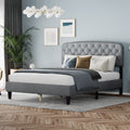 Queen Size Adjustable Headboard With Fine Linen Upholstery And Button Tufting For Bedroom, Wave Top Light Grey Light Grey Wood