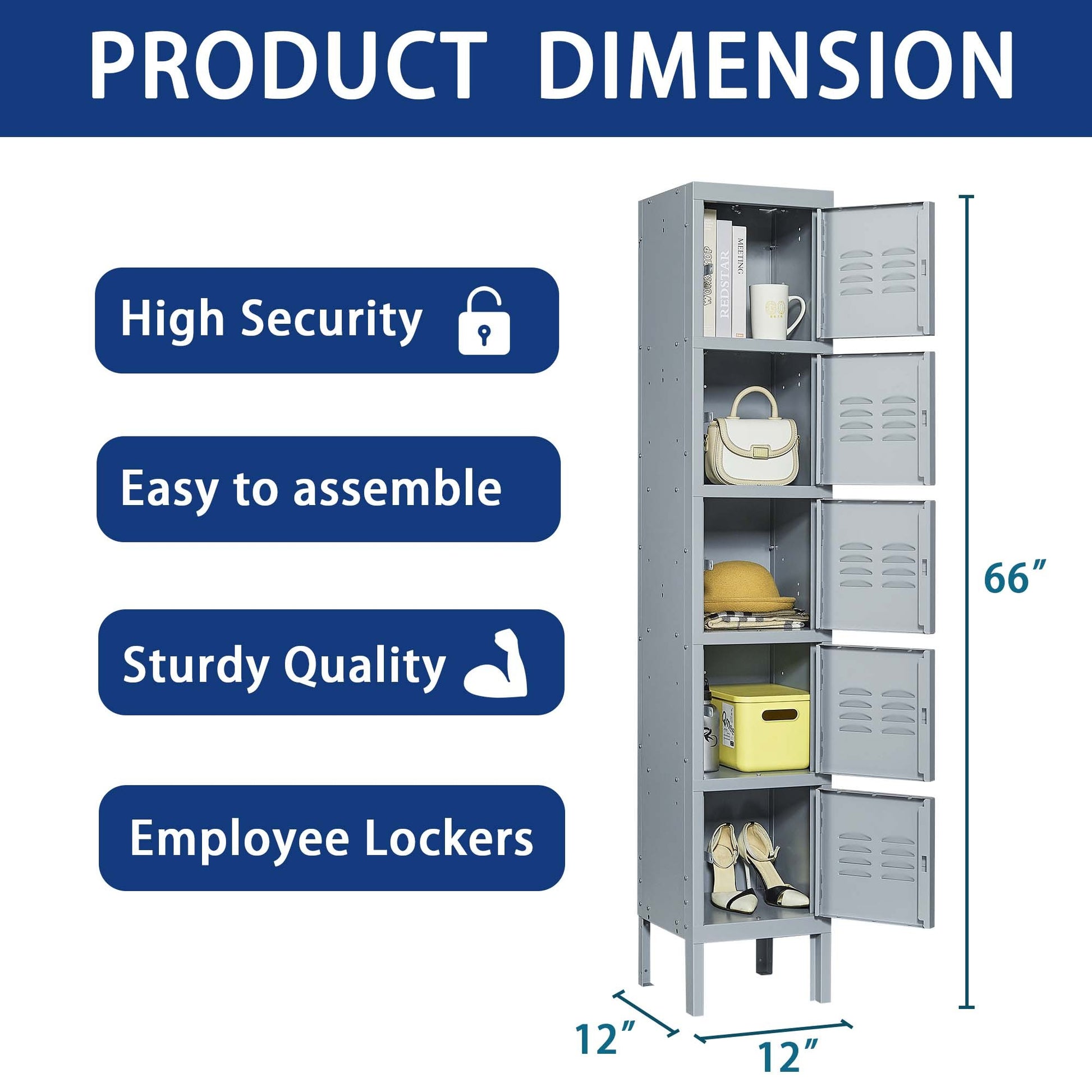 5 Door 66"H Metal Lockers With Lock For Employees,Storage Locker Cabinet For Home Gym Office School Garage,Gray Freestanding 5 Or More Spaces Gray Gym Door Locks Modern Metal Metal