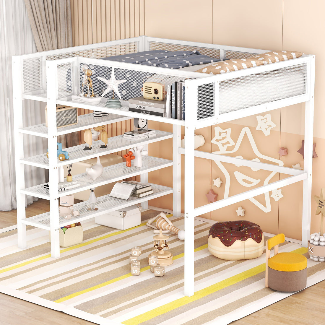 Full Size Metal Loft Bed With 4 Tier Shelves And Storage, White Full White Metal